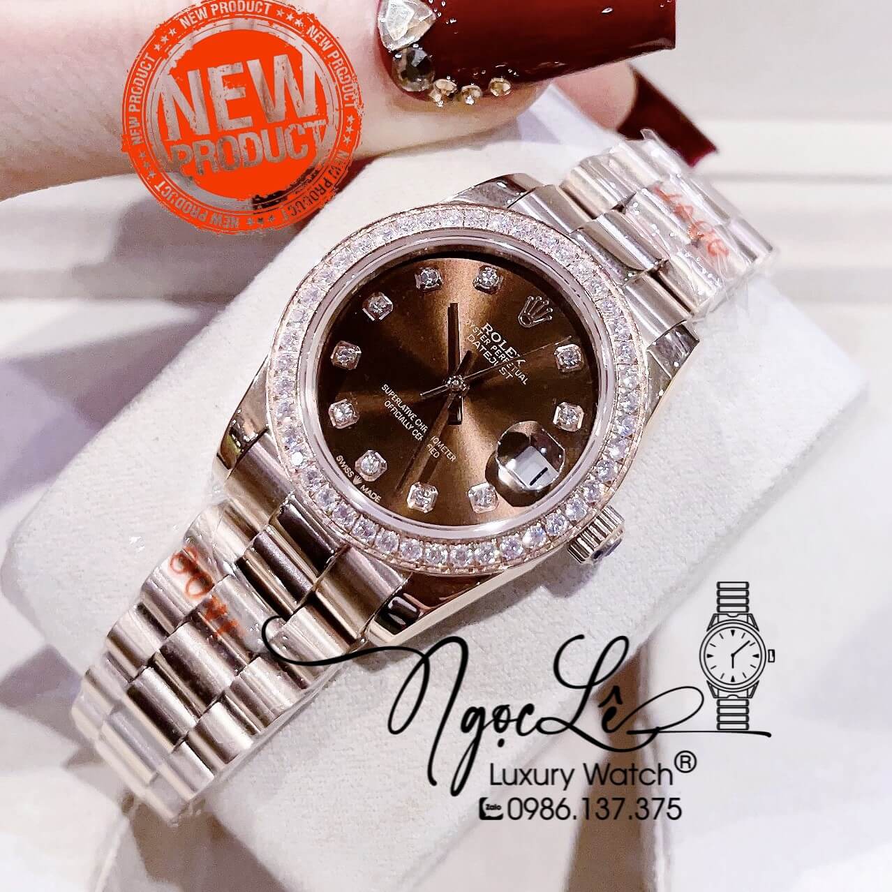 Đồng Hồ Cặp Rolex Datejust Automatic Dây Rose Mặt Nâu Đính Đá Size 41mm - 31mm