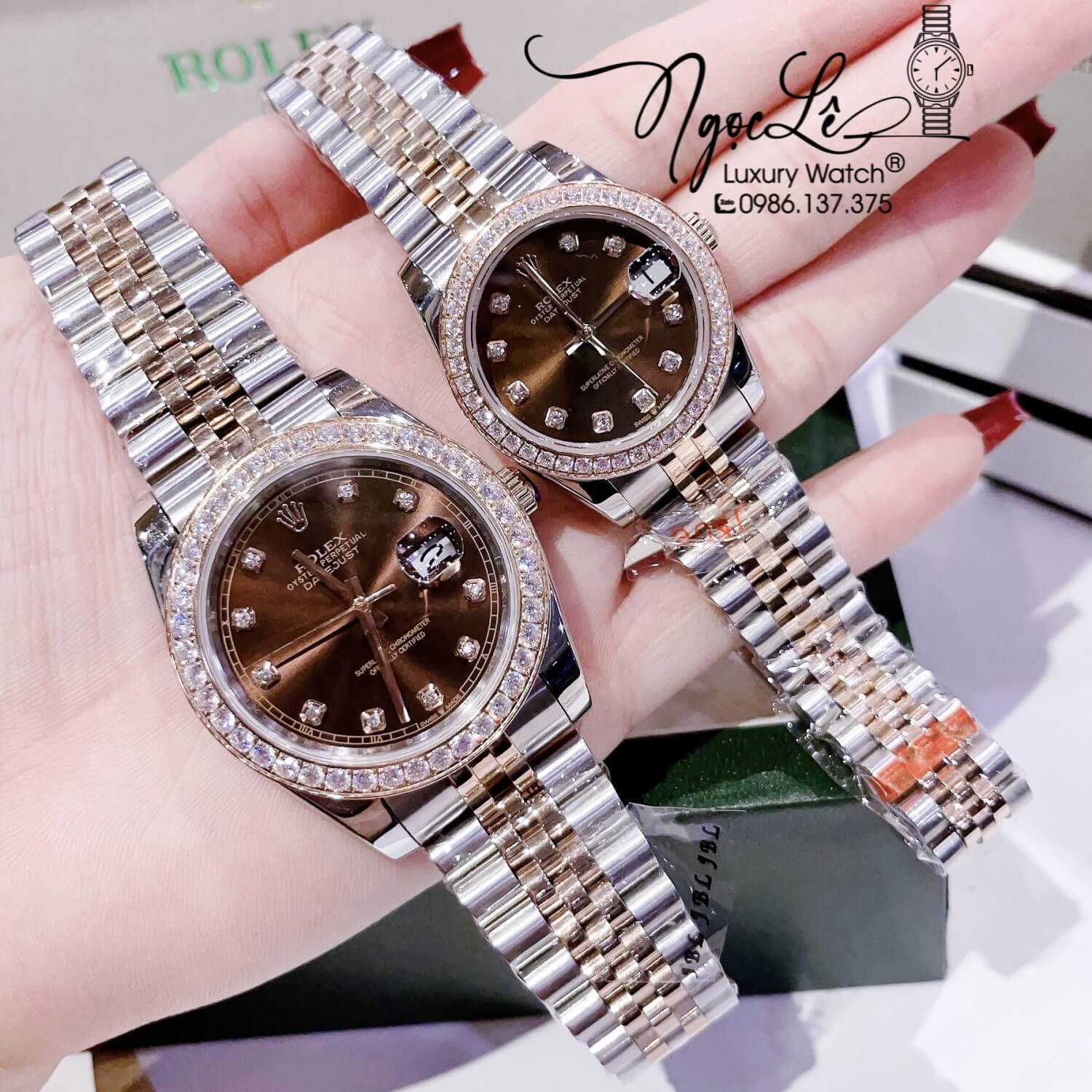 Đồng Hồ Cặp Rolex Datejust Automatic Dây Kim Loại Demi Rose Mặt Nâu Đính Đá Size 41mm - 31mm