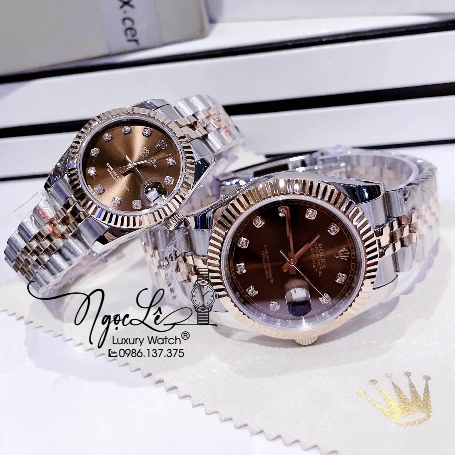 Đồng Hồ Cặp Rolex Datejust Automatic Dây Kim Loại Demi Rose Mặt Nâu Size 41mm - 31mm