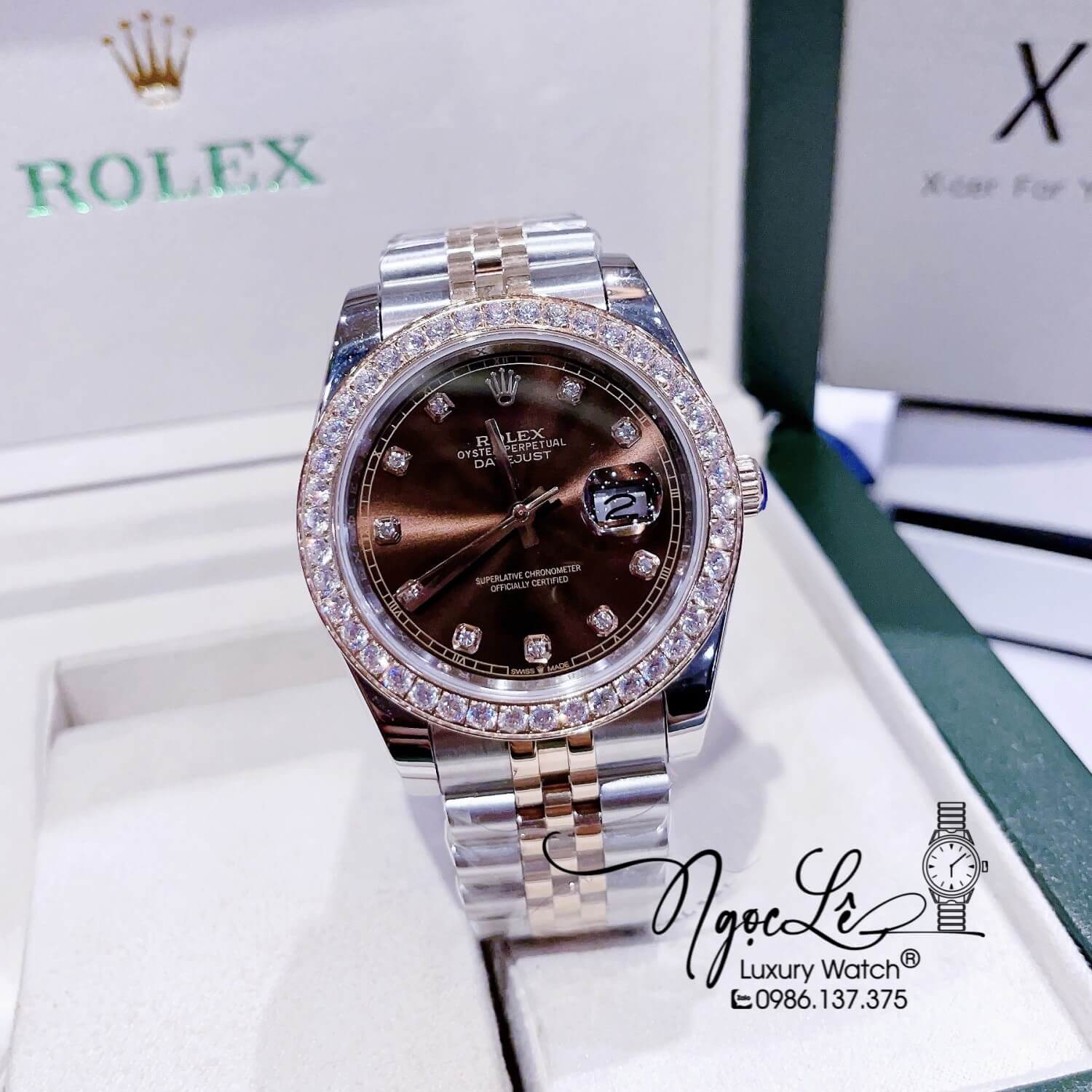 Đồng Hồ Cặp Rolex Datejust Automatic Dây Kim Loại Demi Rose Mặt Nâu Đính Đá Size 41mm - 31mm