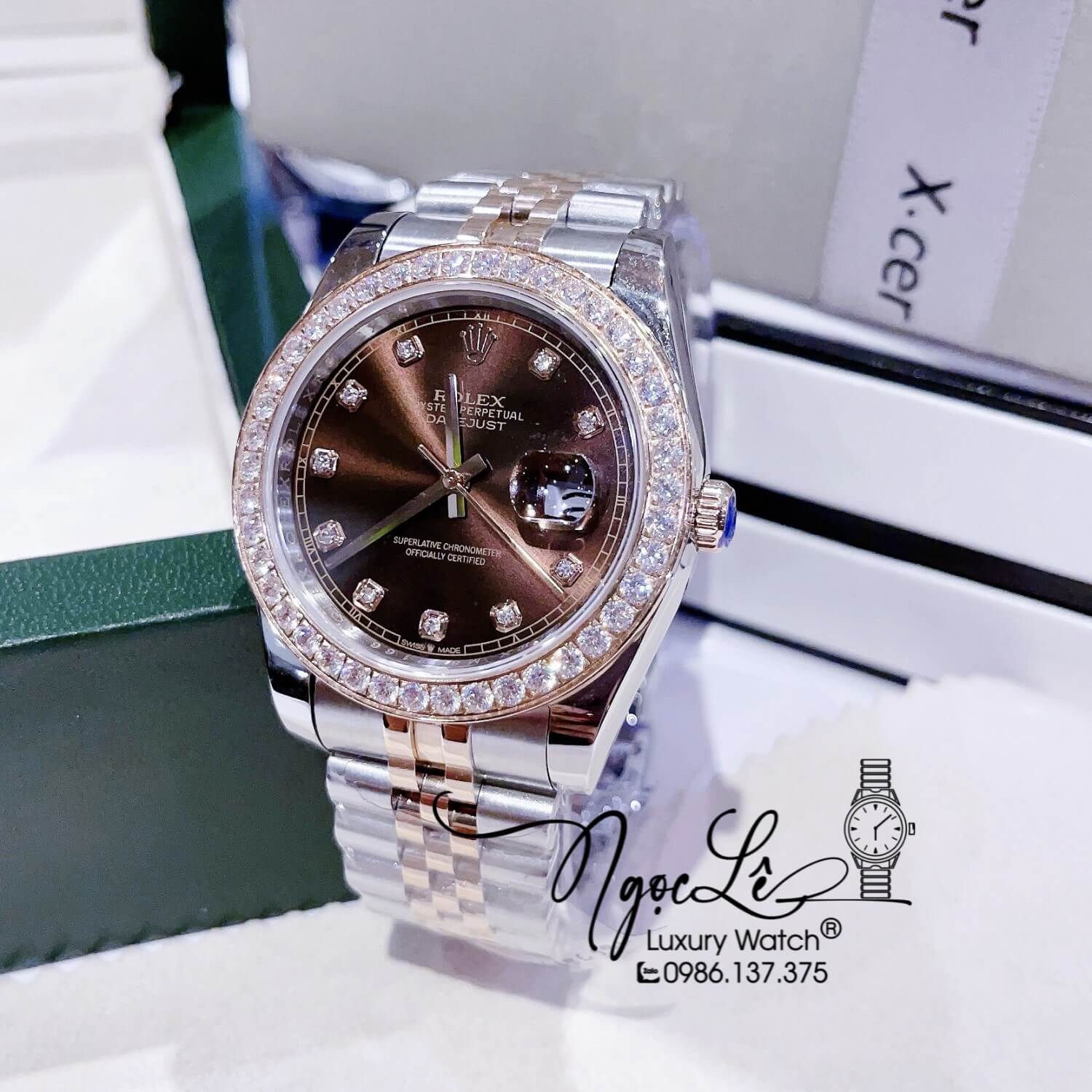 Đồng Hồ Cặp Rolex Datejust Automatic Dây Kim Loại Demi Rose Mặt Nâu Đính Đá Size 41mm - 31mm