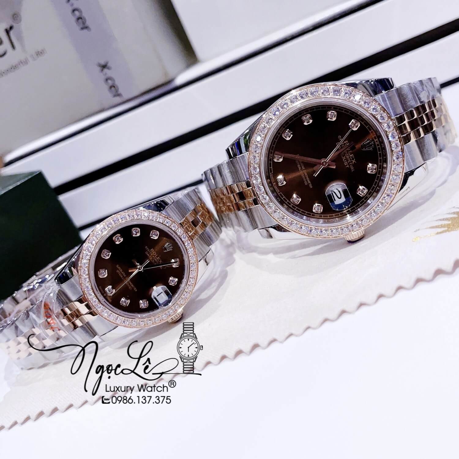 Đồng Hồ Cặp Rolex Datejust Automatic Dây Kim Loại Demi Rose Mặt Nâu Đính Đá Size 41mm - 31mm