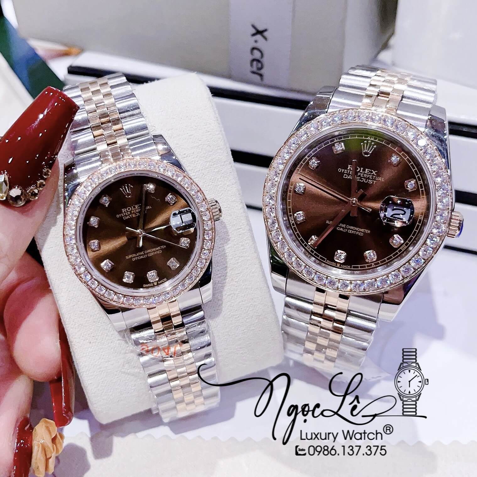 Đồng Hồ Cặp Rolex Datejust Automatic Dây Kim Loại Demi Rose Mặt Nâu Đính Đá Size 41mm - 31mm