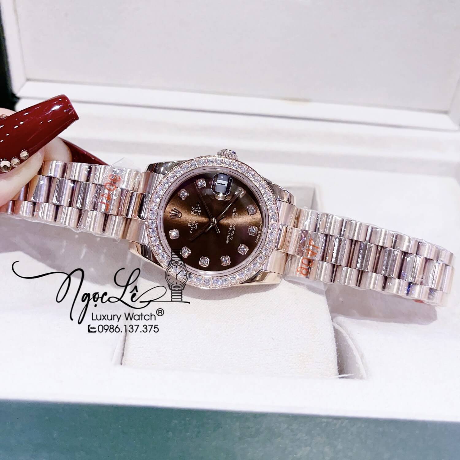 Đồng Hồ Cặp Rolex Datejust Automatic Dây Rose Mặt Nâu Đính Đá Size 41mm - 31mm