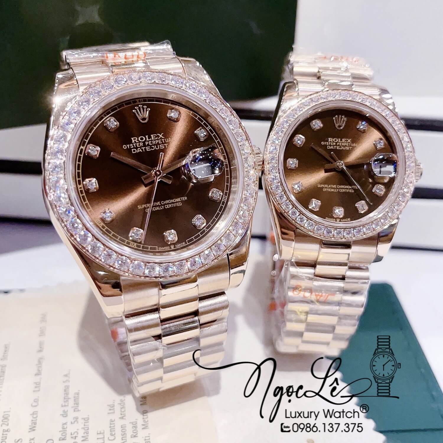 Đồng Hồ Cặp Rolex Datejust Automatic Dây Rose Mặt Nâu Đính Đá Size 41mm - 31mm