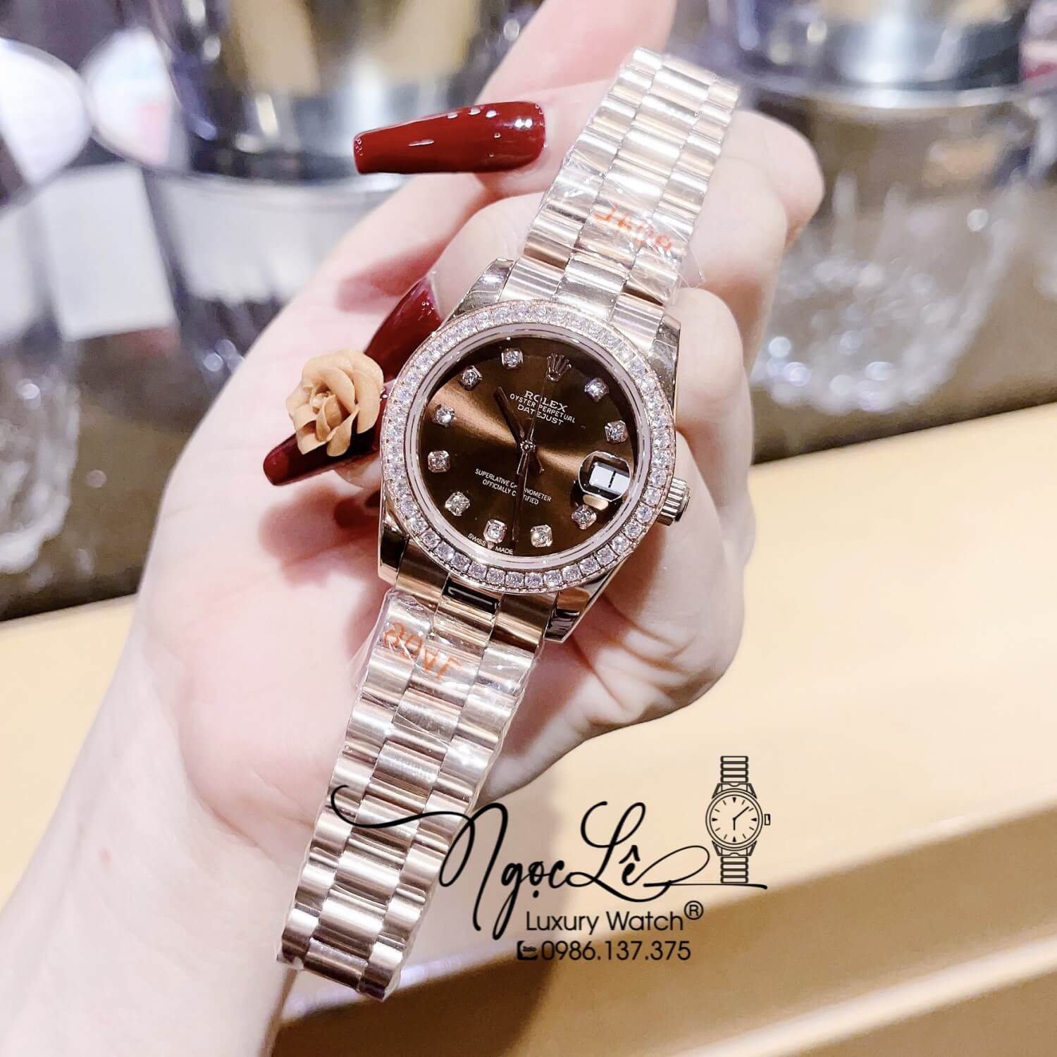 Đồng Hồ Cặp Rolex Datejust Automatic Dây Rose Mặt Nâu Đính Đá Size 41mm - 31mm