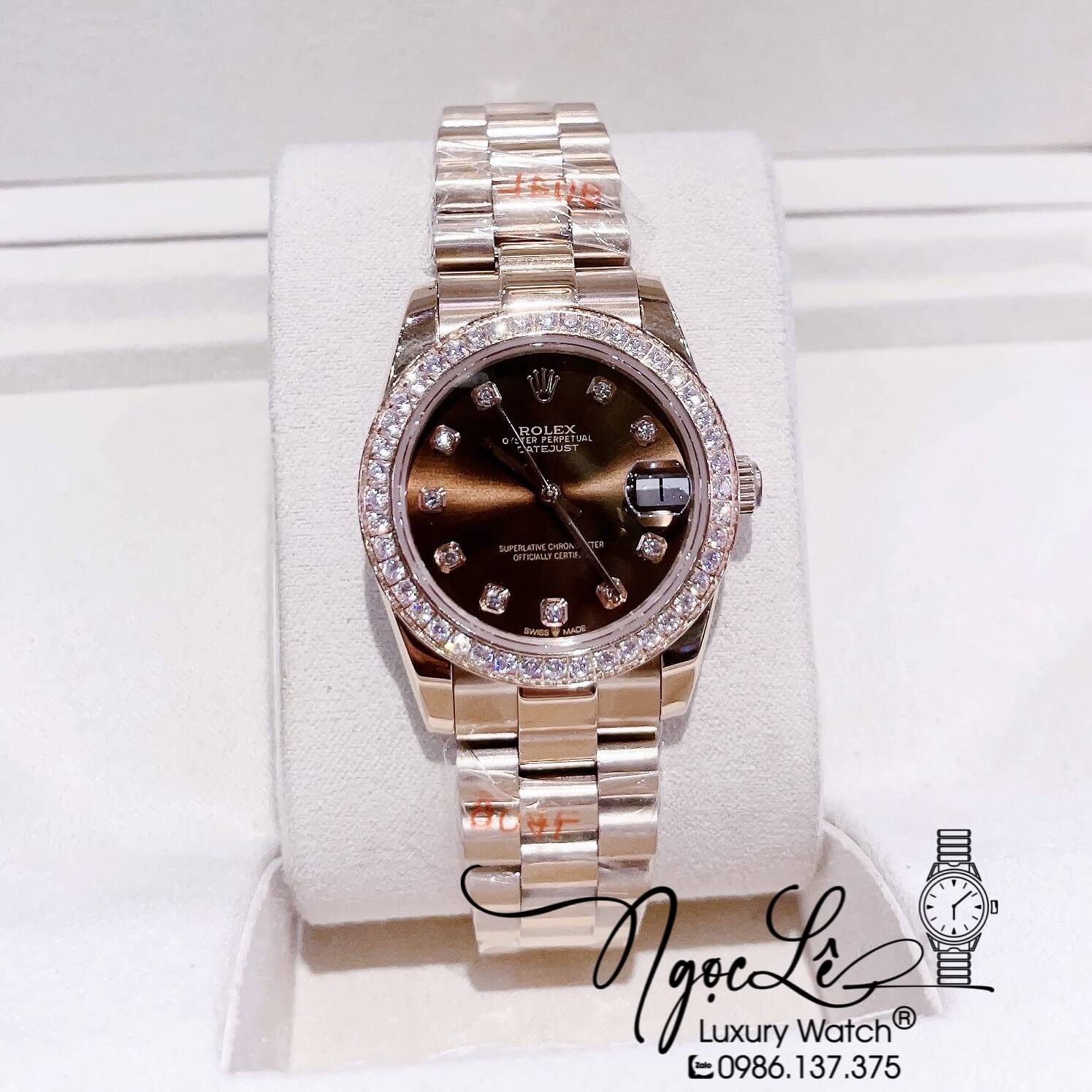 Đồng Hồ Cặp Rolex Datejust Automatic Dây Rose Mặt Nâu Đính Đá Size 41mm - 31mm