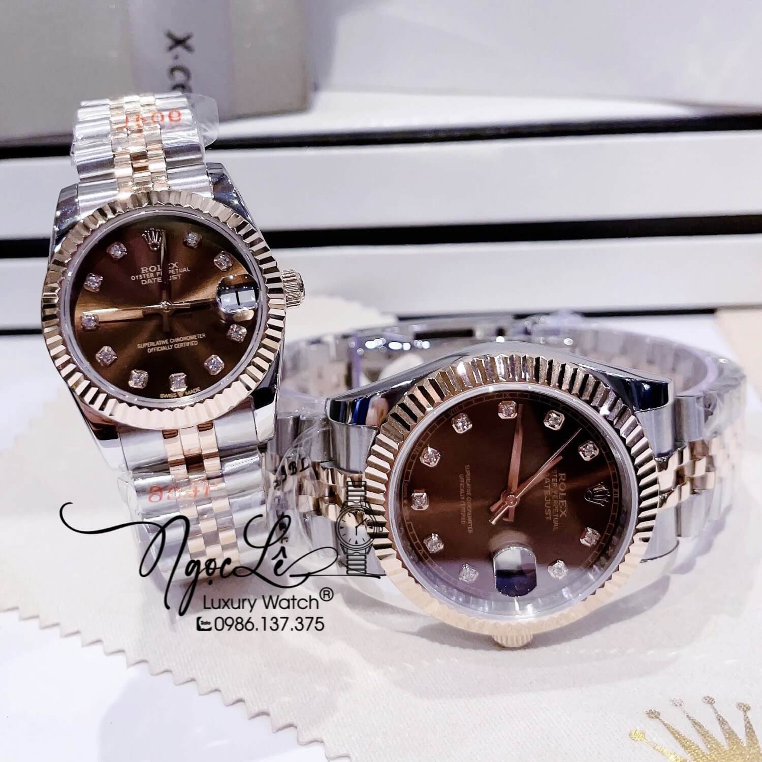 Đồng Hồ Cặp Rolex Datejust Automatic Dây Kim Loại Demi Rose Mặt Nâu Size 41mm - 31mm