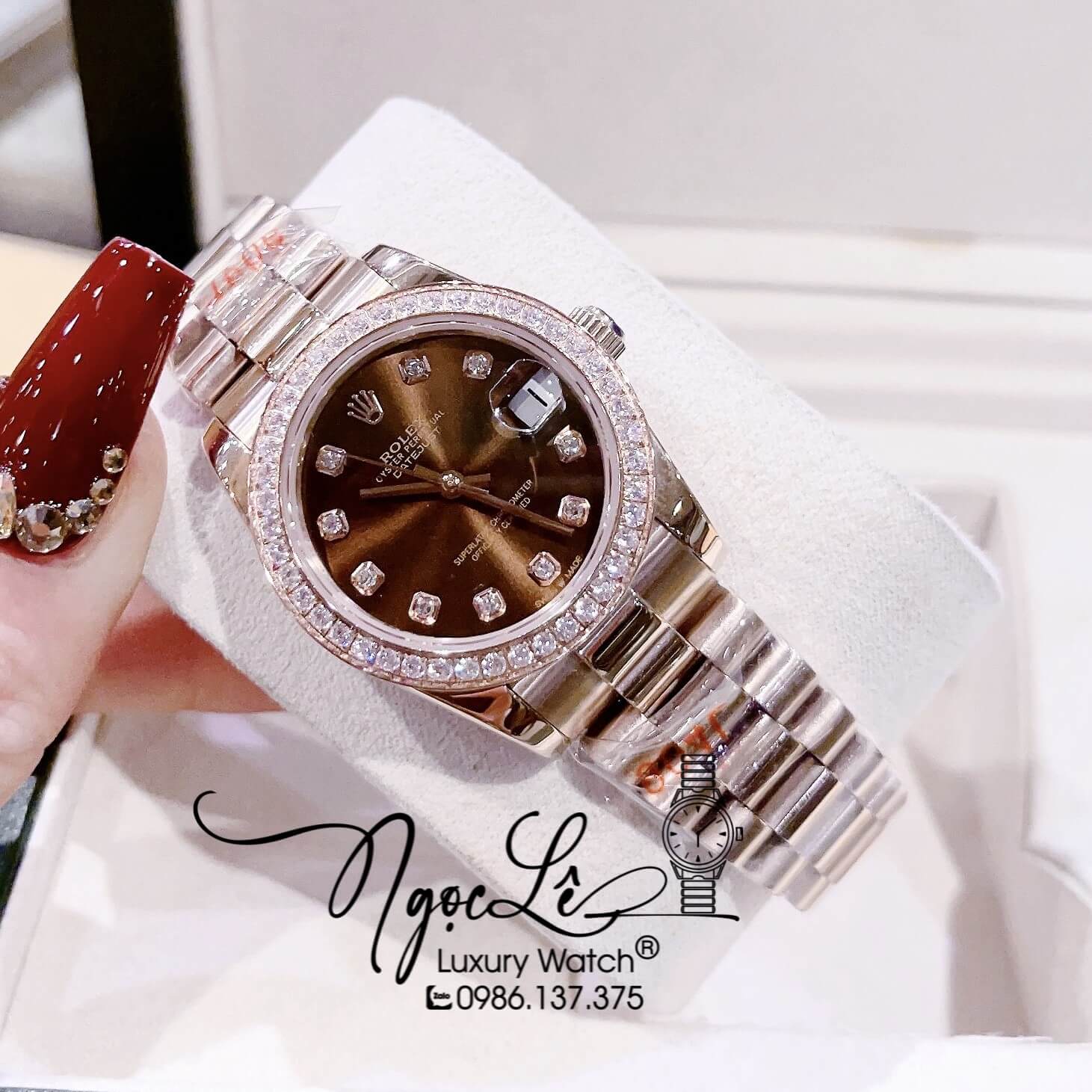 Đồng Hồ Cặp Rolex Datejust Automatic Dây Rose Mặt Nâu Đính Đá Size 41mm - 31mm