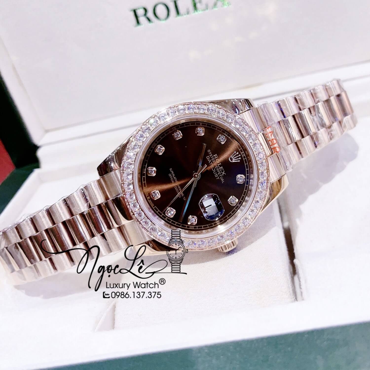 Đồng Hồ Cặp Rolex Datejust Automatic Dây Rose Mặt Nâu Đính Đá Size 41mm - 31mm