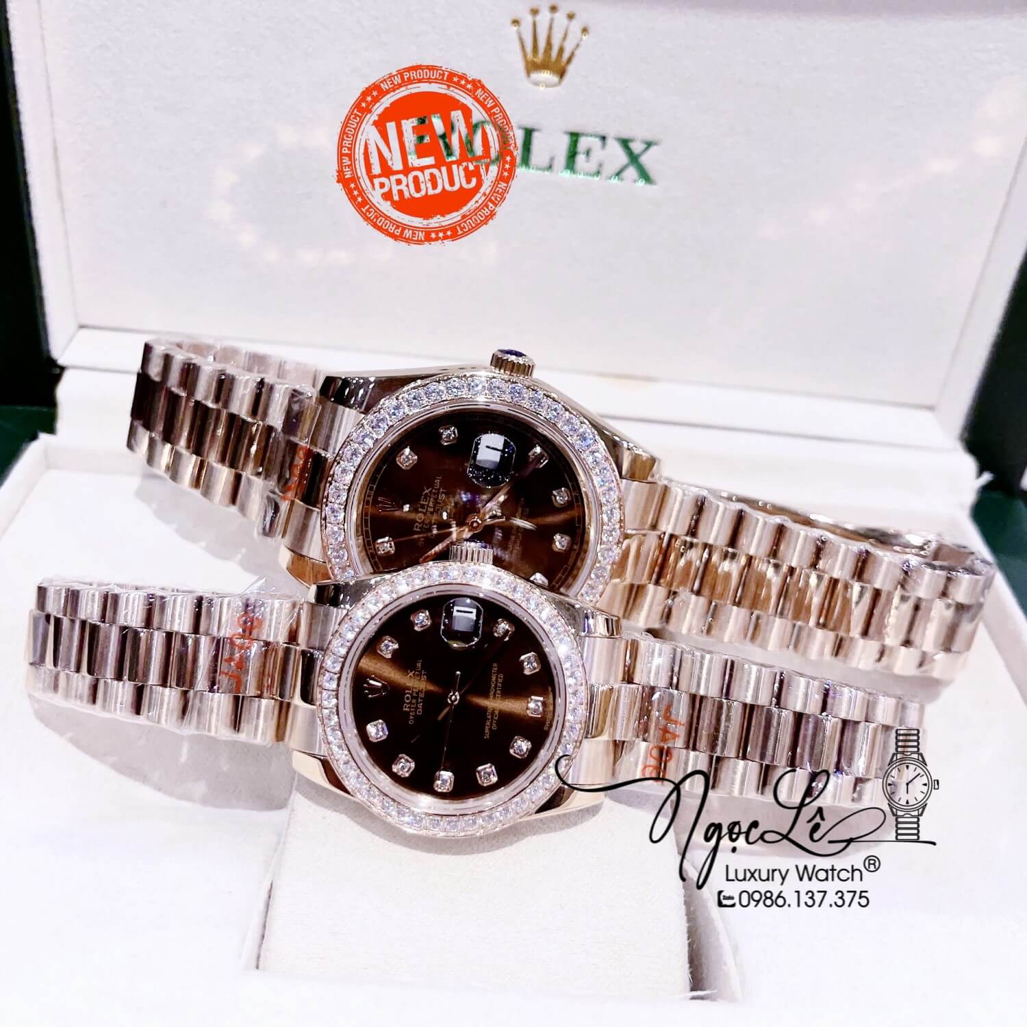 Đồng Hồ Cặp Rolex Datejust Automatic Dây Rose Mặt Nâu Đính Đá Size 41mm - 31mm