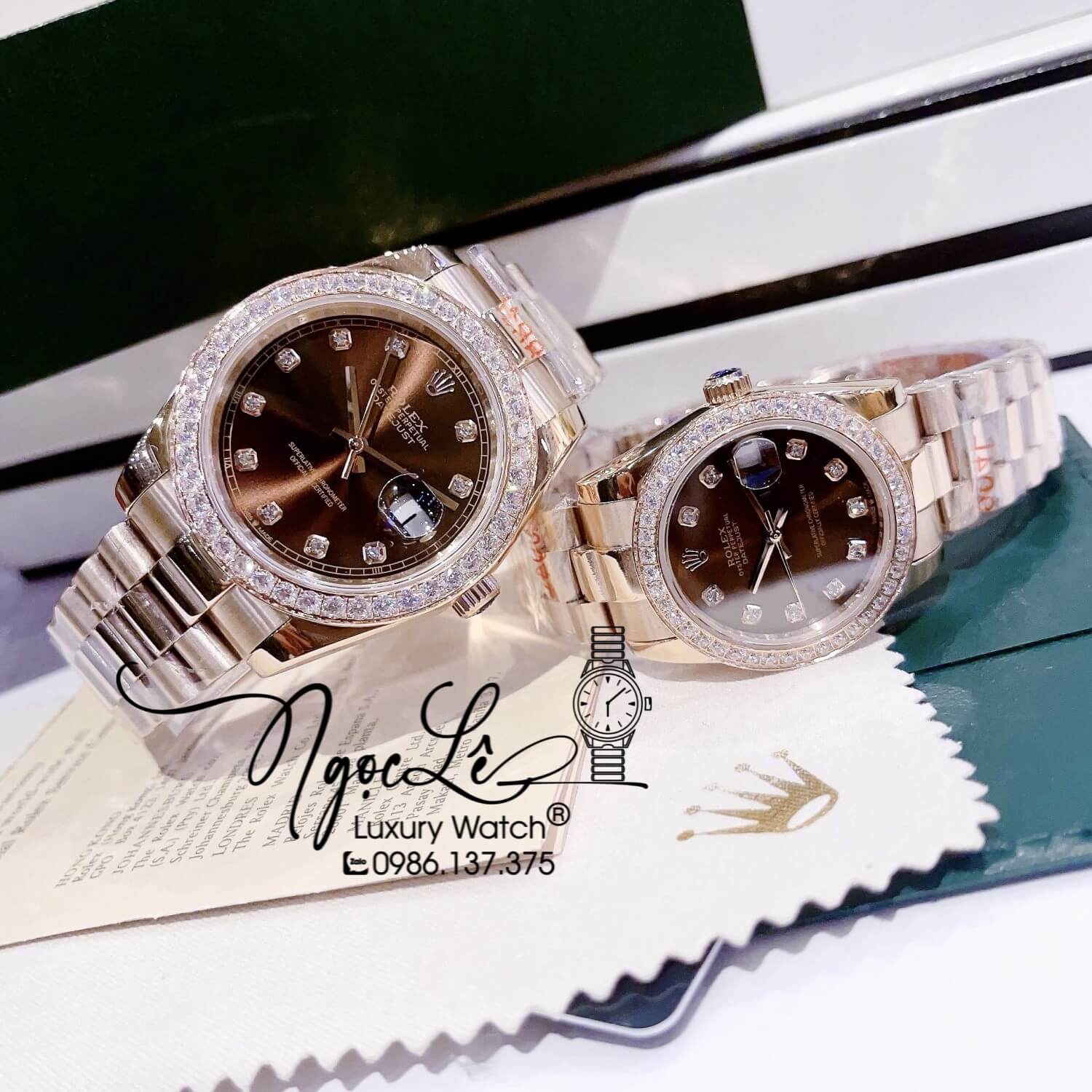 Đồng Hồ Cặp Rolex Datejust Automatic Dây Rose Mặt Nâu Đính Đá Size 41mm - 31mm