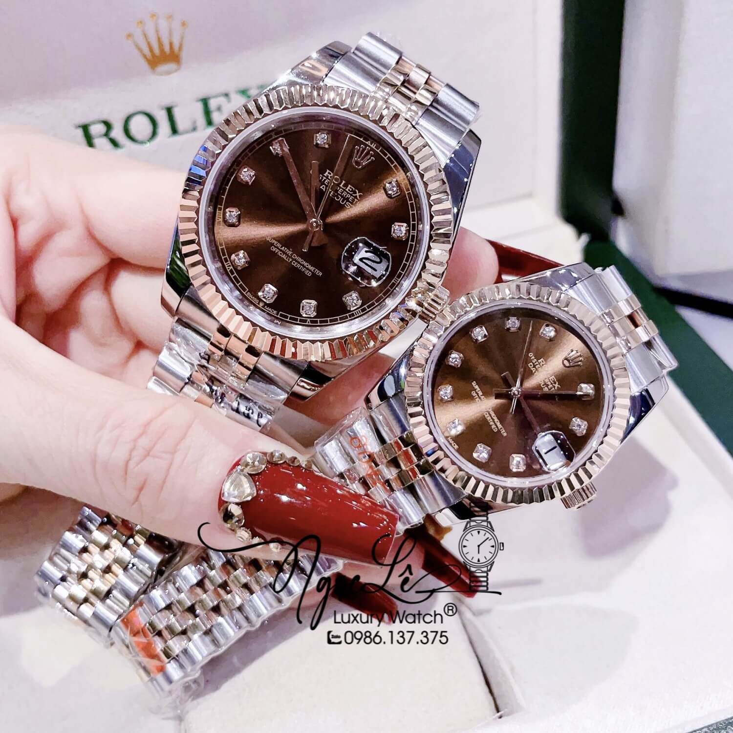 Đồng Hồ Cặp Rolex Datejust Automatic Dây Kim Loại Demi Rose Mặt Nâu Size 41mm - 31mm