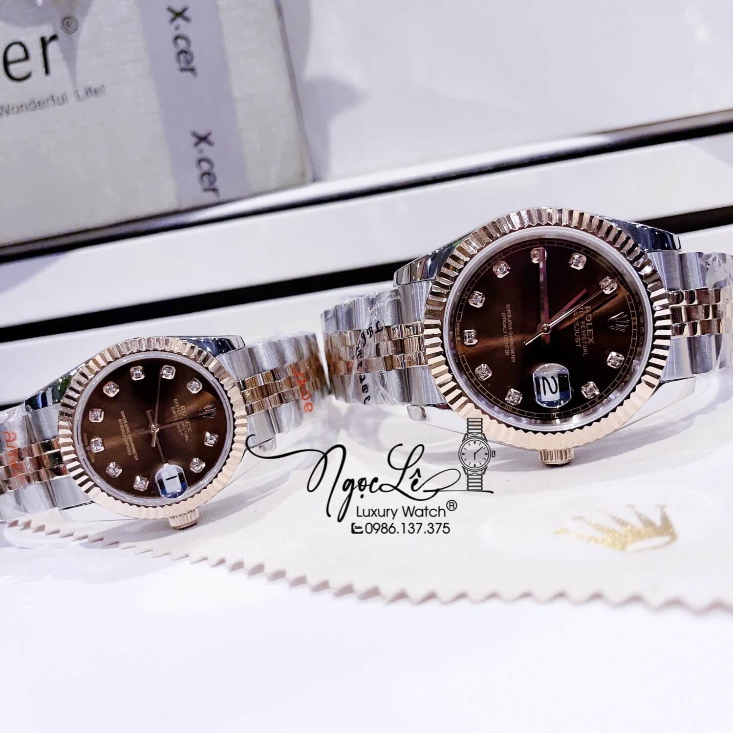 Đồng Hồ Cặp Rolex Datejust Automatic Dây Kim Loại Demi Rose Mặt Nâu Size 41mm - 31mm