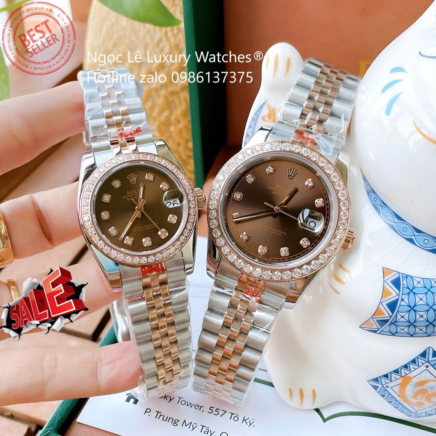 Đồng Hồ Cặp Rolex Datejust Cơ Tự Động Dây Demi Rose Mặt Nâu Size 31mm - 41mm
