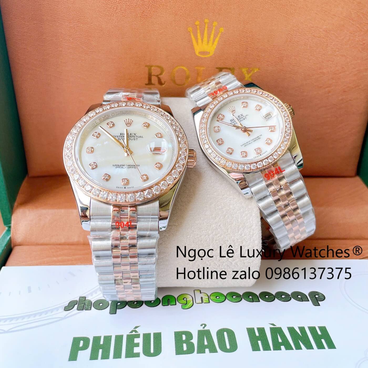 Đồng Hồ Cặp Rolex Datejust Cơ Tự Động Dây Demi Rose Mặt Xà Cừ Trắng Size 31mm - 41mm - Niềng Đá
