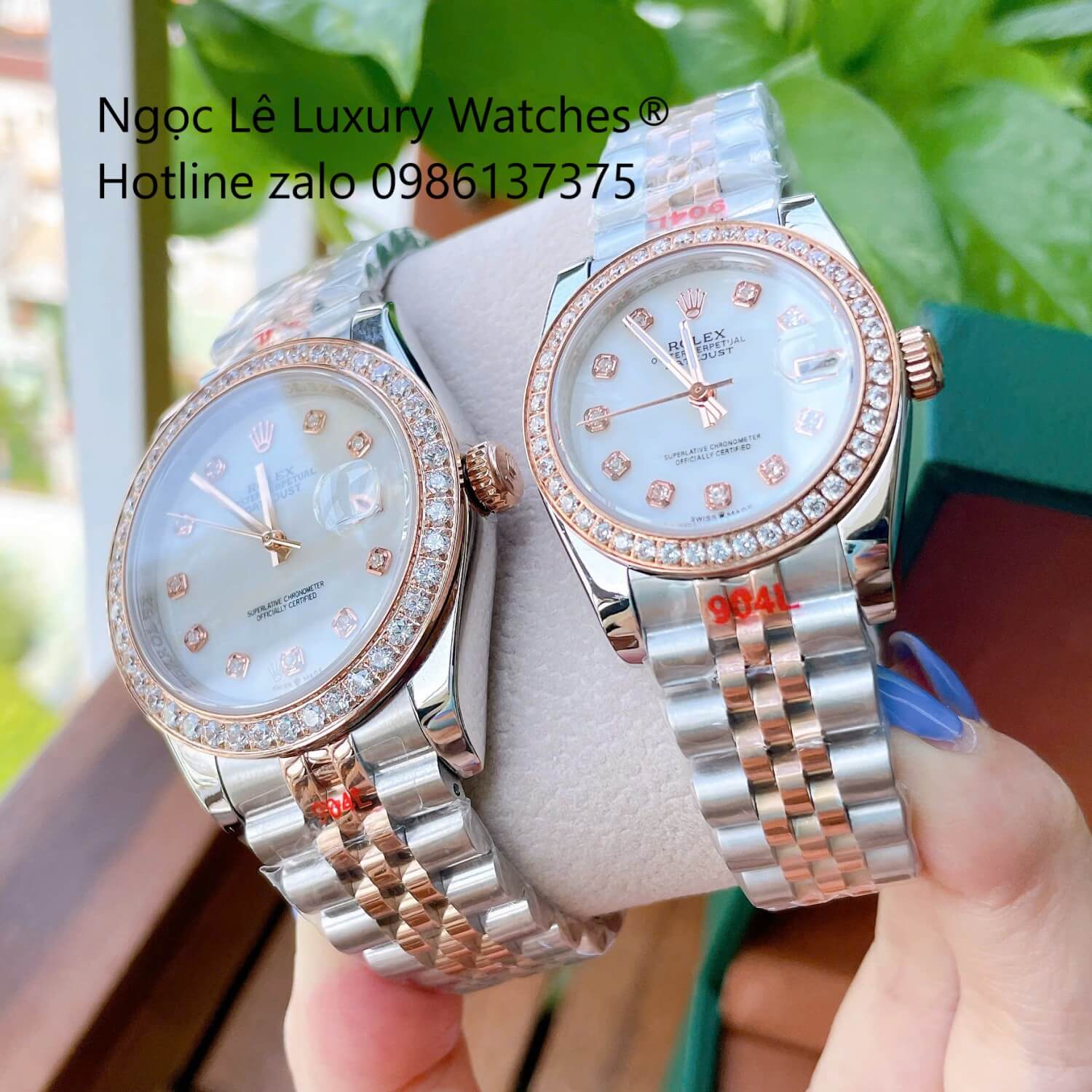 Đồng Hồ Cặp Rolex Datejust Cơ Tự Động Dây Demi Rose Mặt Xà Cừ Trắng Size 31mm - 41mm - Niềng Đá
