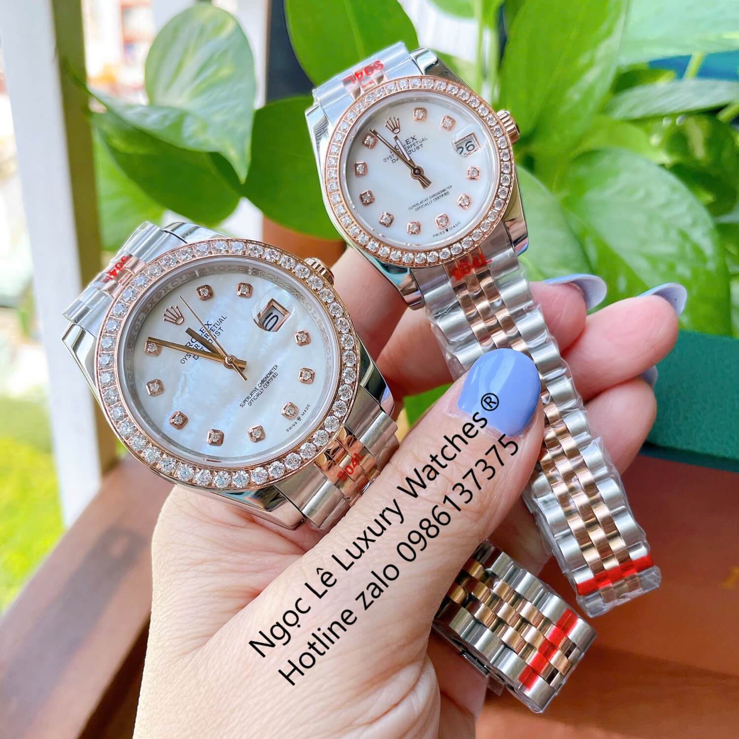 Đồng Hồ Cặp Rolex Datejust Cơ Tự Động Dây Demi Rose Mặt Xà Cừ Trắng Size 31mm - 41mm - Niềng Đá