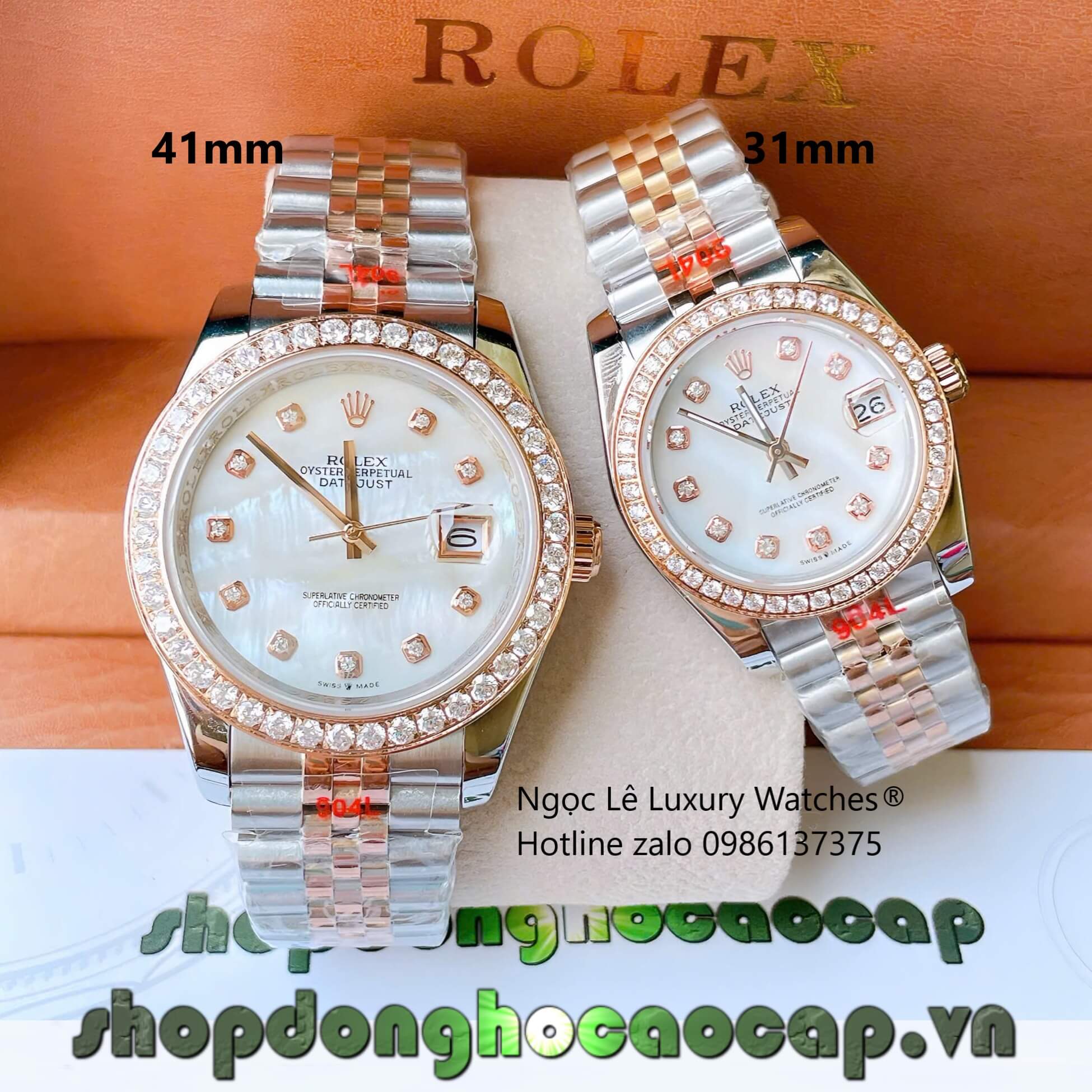 Đồng Hồ Cặp Rolex Datejust Cơ Tự Động Dây Demi Rose Mặt Xà Cừ Trắng Size 31mm - 41mm - Niềng Đá