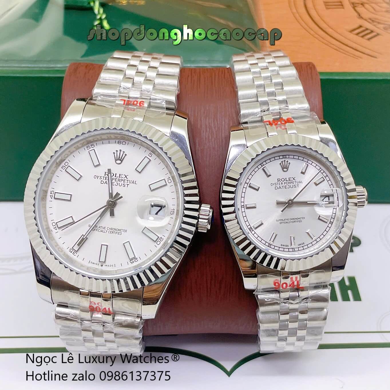 Đồng Hồ Cặp Rolex Datejust Dây Thép Bạc Mặt Trắng Size 31mm - 41mm Quartz Niềng Khía Vạch Phản Quang