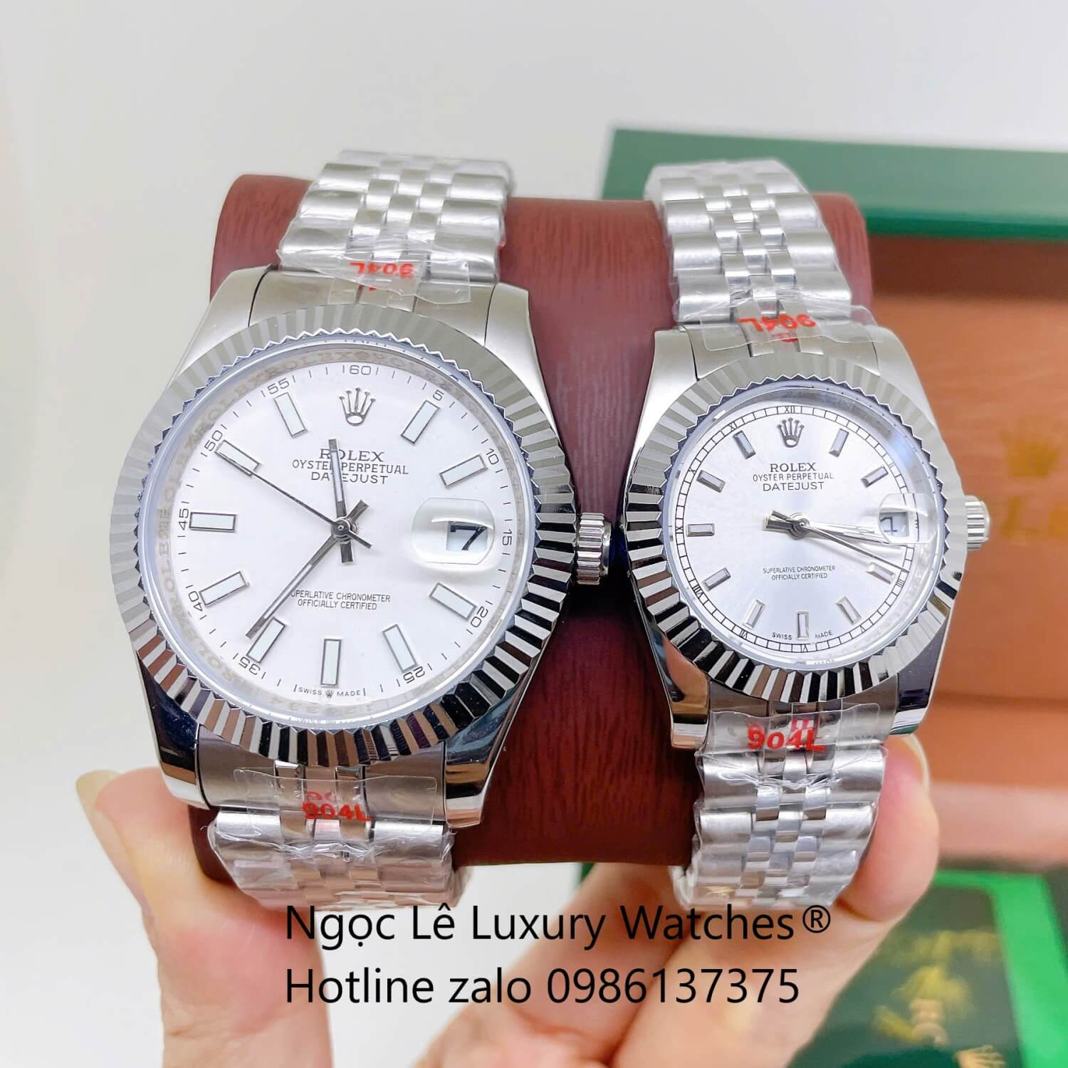 Đồng Hồ Cặp Rolex Datejust Dây Demi Vàng Hồng Mặt Nâu Size 31mm - 41mm Quartz - Niềng Khía