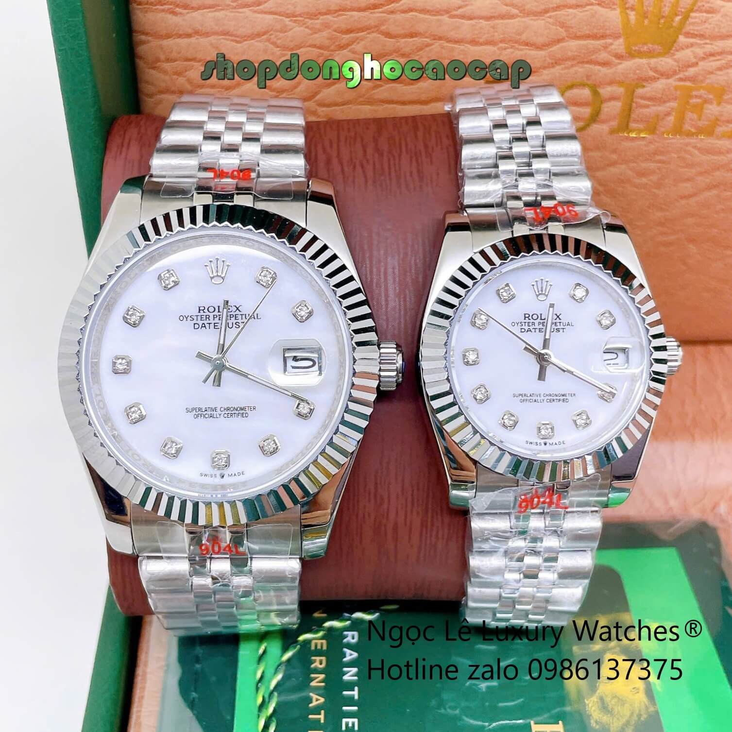 Đồng Hồ Cặp Rolex Datejust Dây Thép Bạc Mặt Xà Cừ Size 31mm - 41mm Quartz Niềng Khía