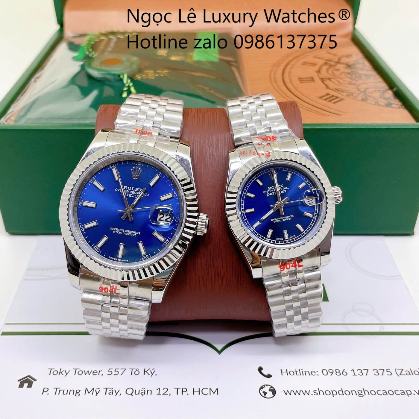 Đồng Hồ Cặp Rolex Datejust Dây Thép Bạc Mặt Xanh Dương Size 31mm - 41mm Quartz Niềng Khía Vạch Phản Quang