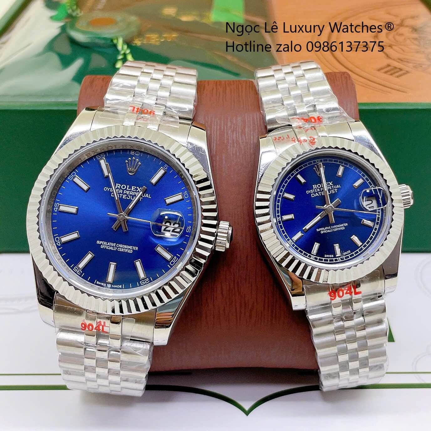 Đồng Hồ Cặp Rolex Datejust Dây Thép Bạc Mặt Xanh Dương Size 31mm - 41mm Quartz Niềng Khía Vạch Phản Quang