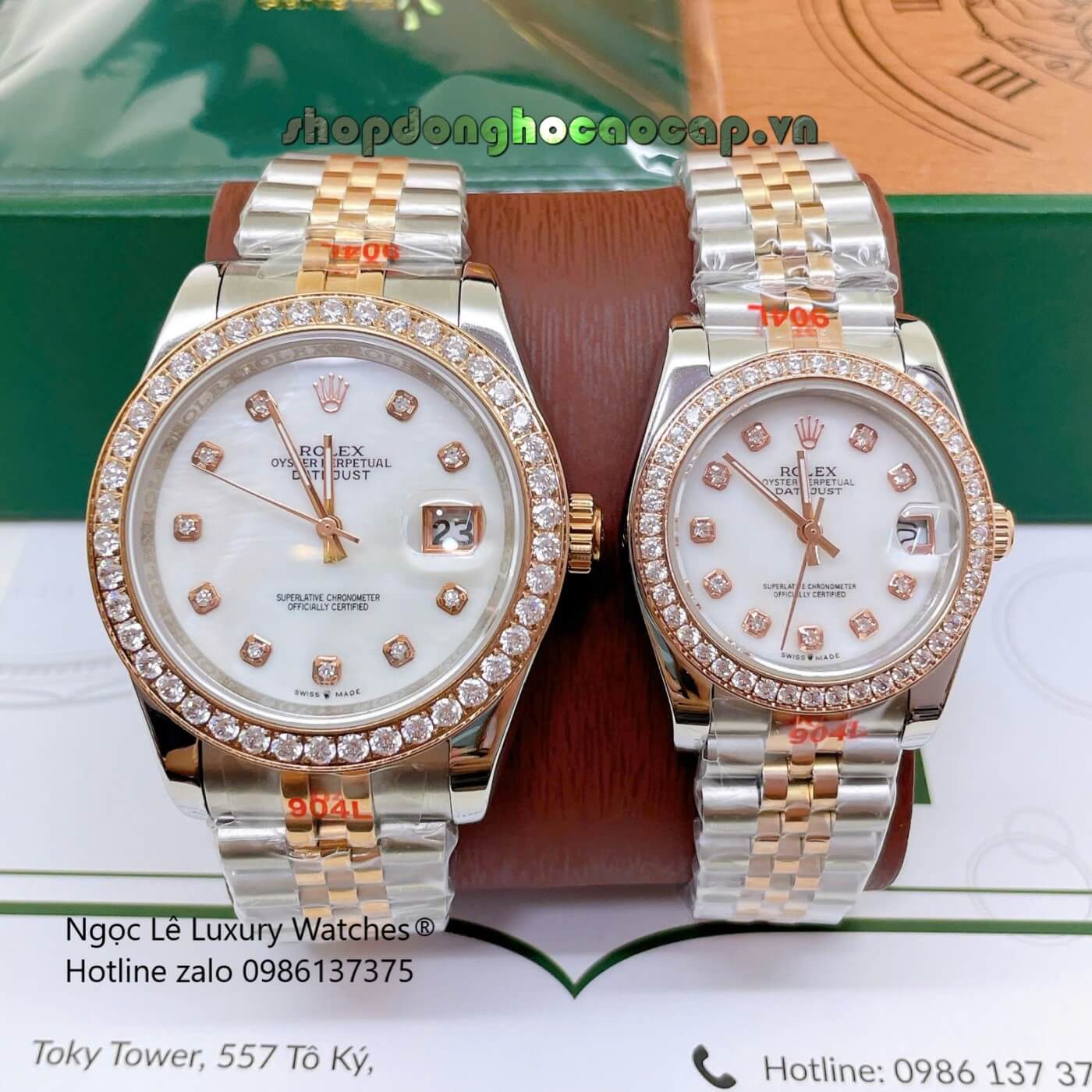 Đồng Hồ Cặp Rolex Datejust Dây Thép Demi Rose Mặt Xà Cừ Trắng Niềng Đính Đá Size 41mm - 31mm - Quartz