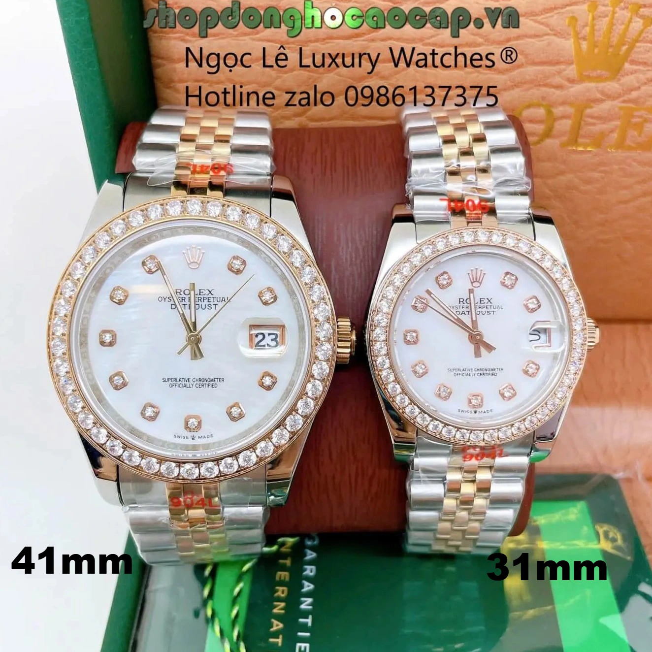 Đồng Hồ Cặp Rolex Datejust Dây Thép Demi Rose Mặt Xà Cừ Trắng Niềng Đính Đá Size 41mm - 31mm - Quartz