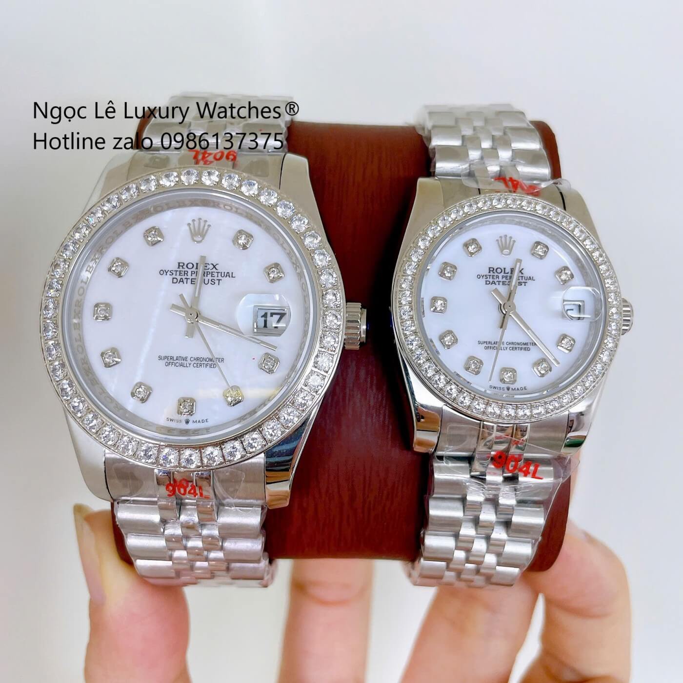 Đồng Hồ Cặp Rolex Datejust Dây Thép Silver Mặt Xà Cừ Trắng Niềng Đính Đá Size 41mm - 31mm - Quartz