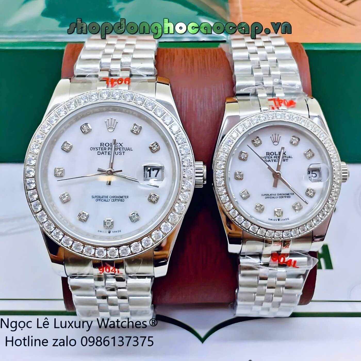 Đồng Hồ Cặp Rolex Datejust Dây Thép Silver Mặt Xà Cừ Trắng Niềng Đính Đá Size 41mm - 31mm - Quartz