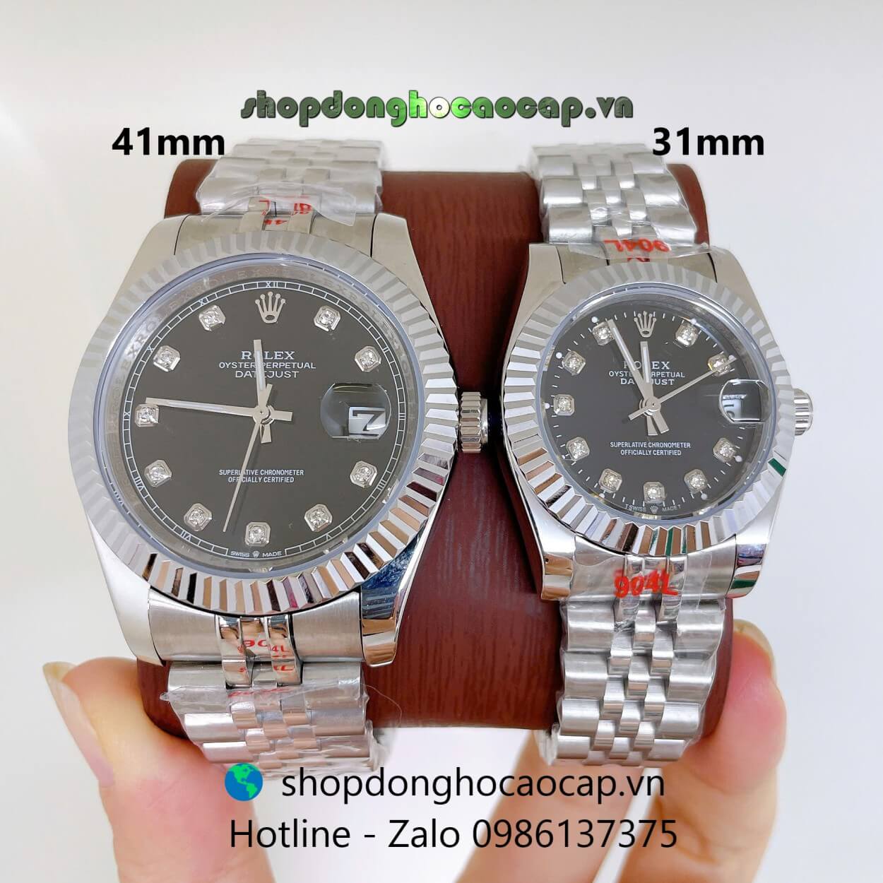 Đồng Hồ Cặp Rolex Datejust Máy Pin Dây Bạc Mặt Đen Niềng Khía Size 41mm - 31mm
