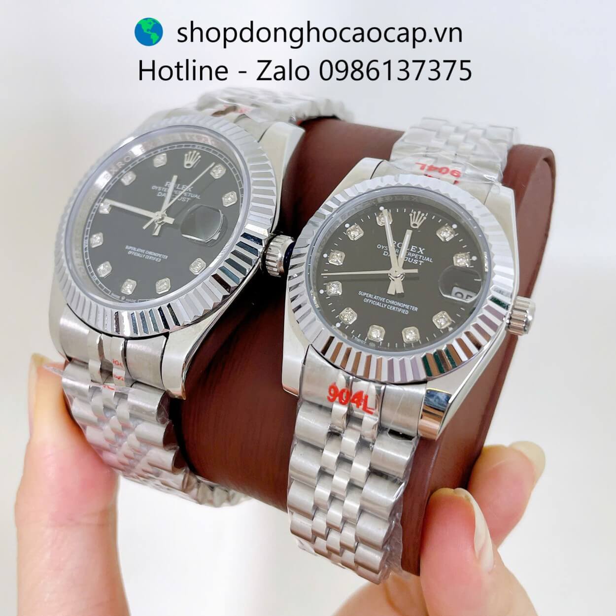 Đồng Hồ Cặp Rolex Datejust Máy Pin Dây Bạc Mặt Đen Niềng Khía Size 41mm - 31mm
