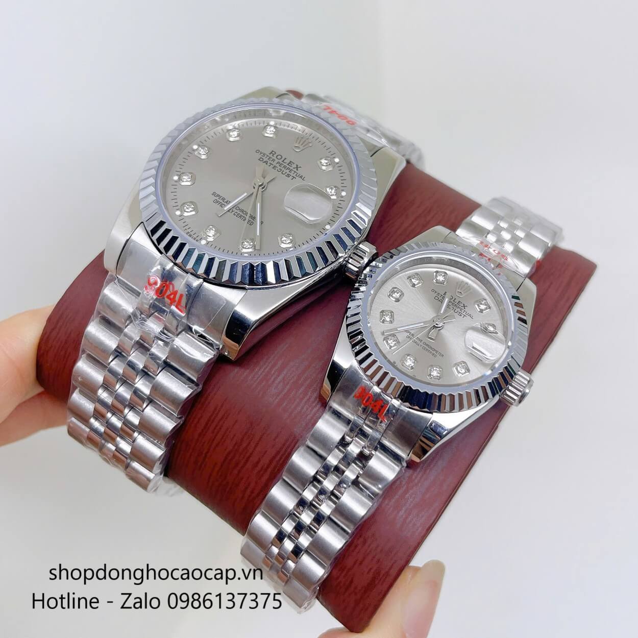 Đồng Hồ Cặp Rolex Datejust Máy Pin Dây Bạc Mặt Xám Niềng Khía Size 36mm - 28mm