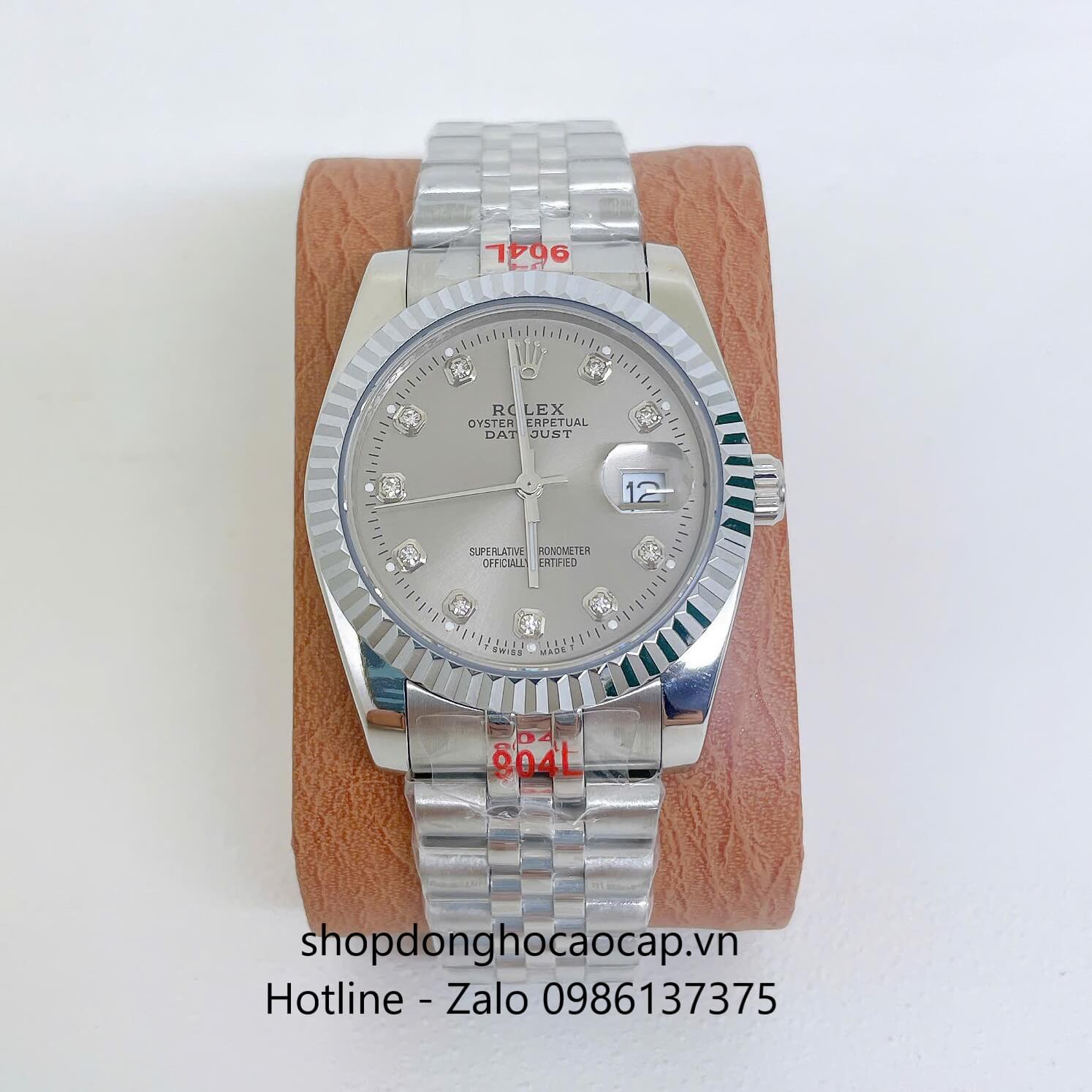 Đồng Hồ Cặp Rolex Datejust Máy Pin Dây Bạc Mặt Xám Niềng Khía Size 36mm - 28mm