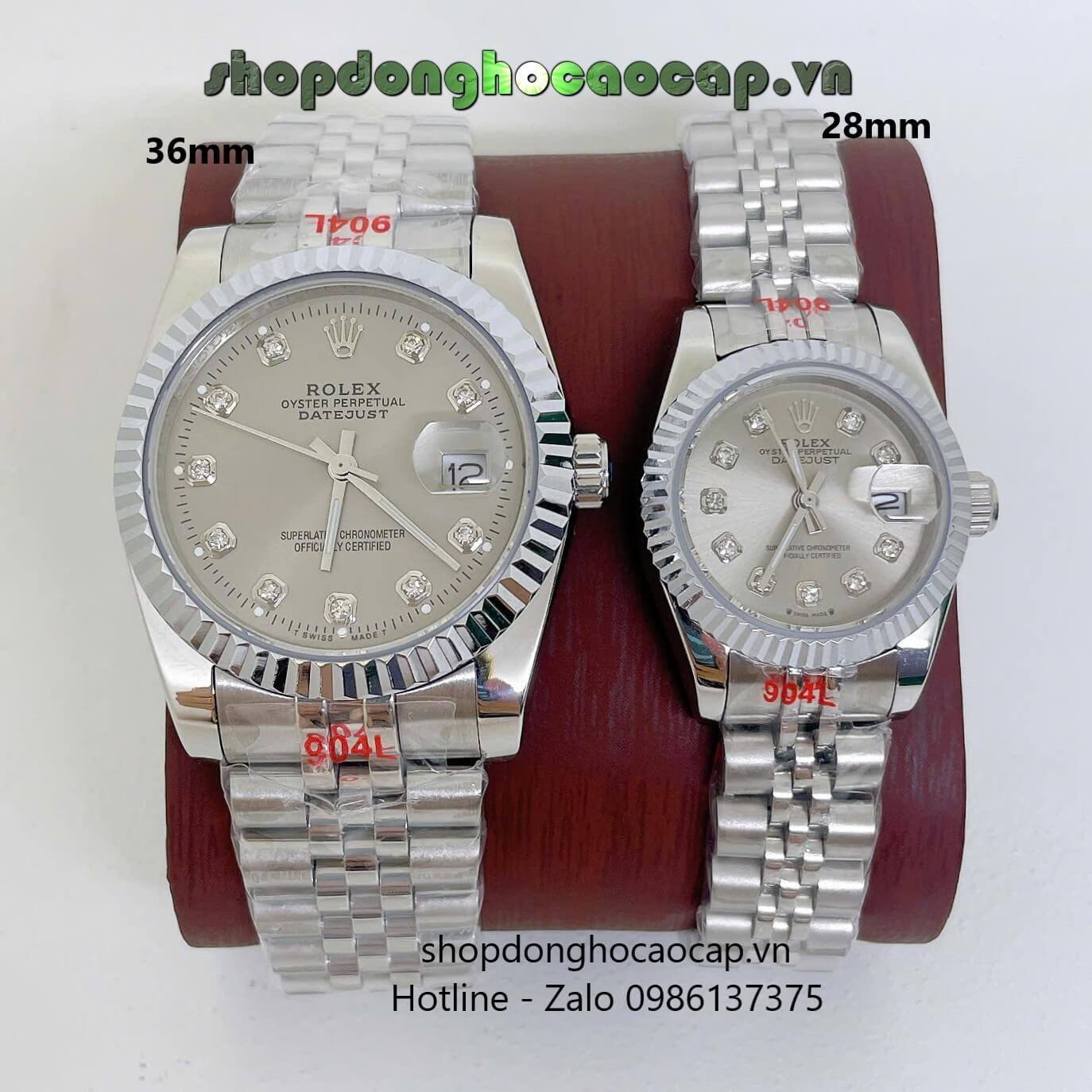 Đồng Hồ Cặp Rolex Datejust Máy Pin Dây Bạc Mặt Xám Niềng Khía Size 36mm - 28mm