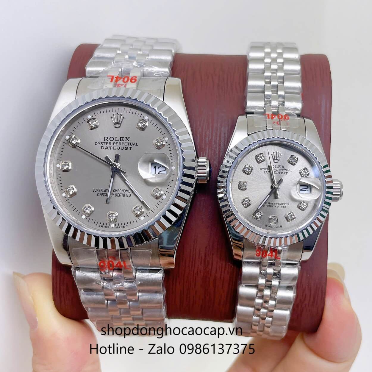 Đồng Hồ Cặp Rolex Datejust Máy Pin Dây Bạc Mặt Xám Niềng Khía Size 36mm - 28mm