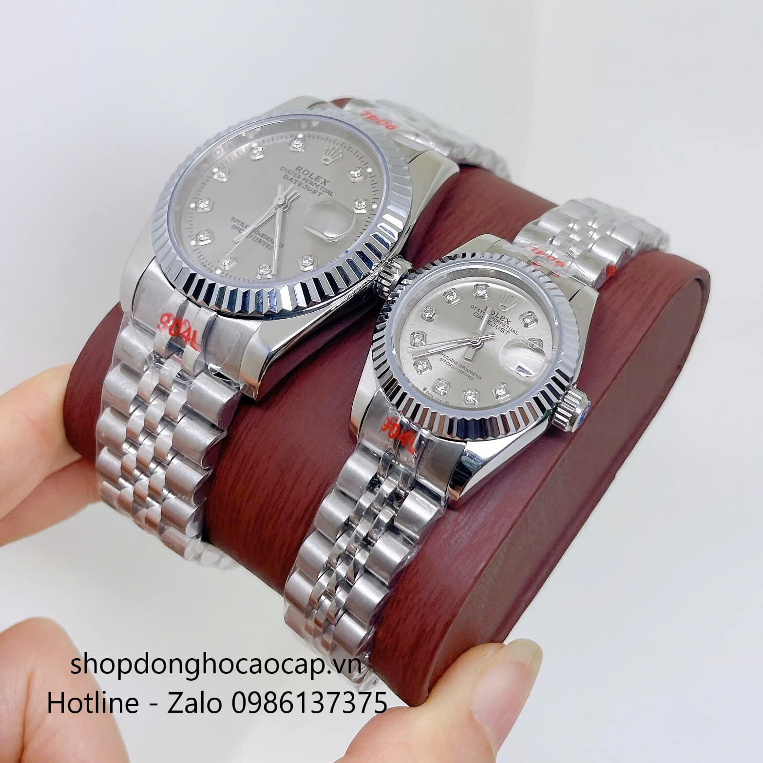 Đồng Hồ Cặp Rolex Datejust Máy Pin Dây Bạc Mặt Xám Niềng Khía Size 36mm - 28mm