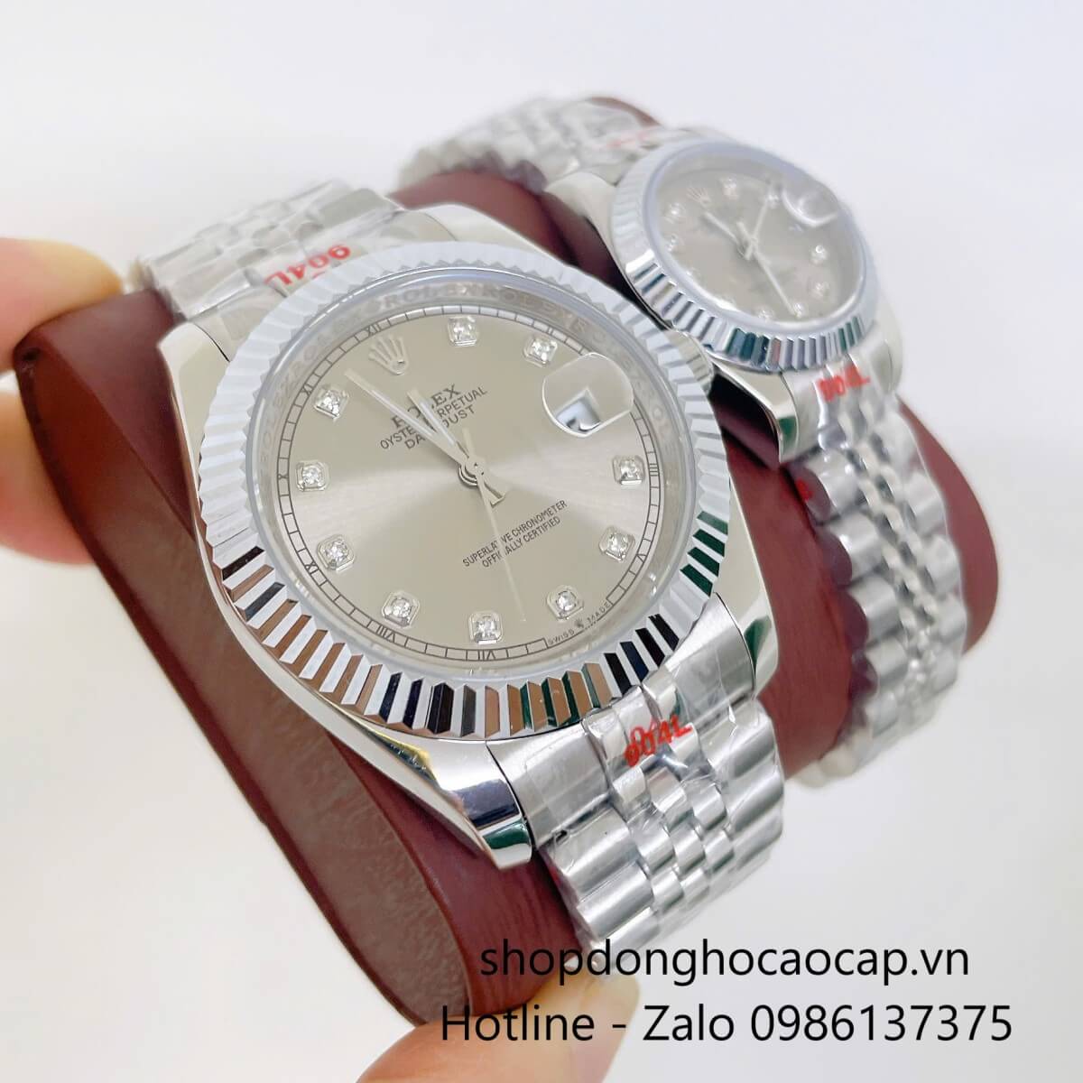 Đồng Hồ Cặp Rolex Datejust Máy Pin Dây Bạc Mặt Xám Niềng Khía Size 41mm - 28mm