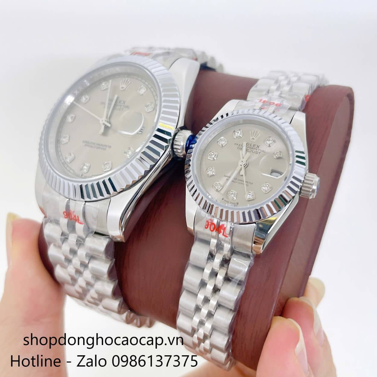 Đồng Hồ Cặp Rolex Datejust Máy Pin Dây Bạc Mặt Xám Niềng Khía Size 41mm - 28mm