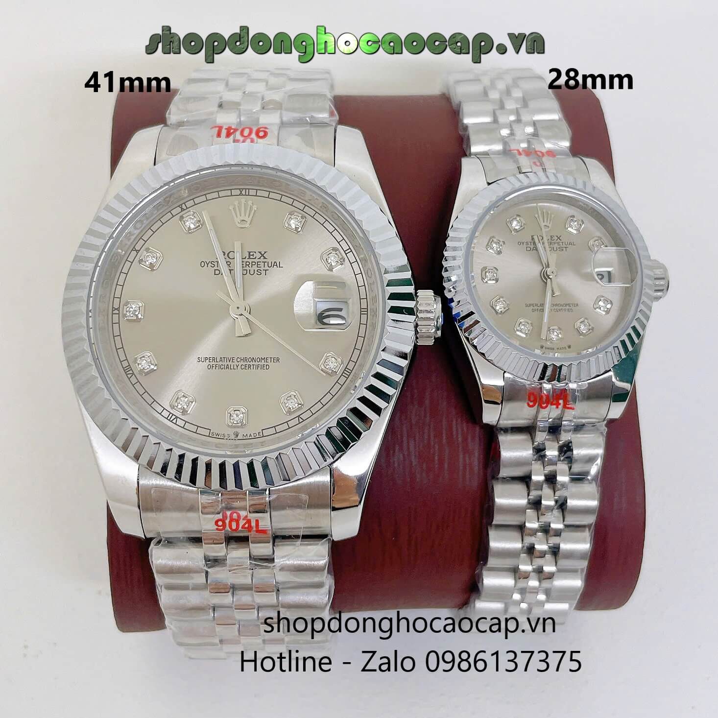 Đồng Hồ Cặp Rolex Datejust Máy Pin Dây Bạc Mặt Xám Niềng Khía Size 41mm - 28mm