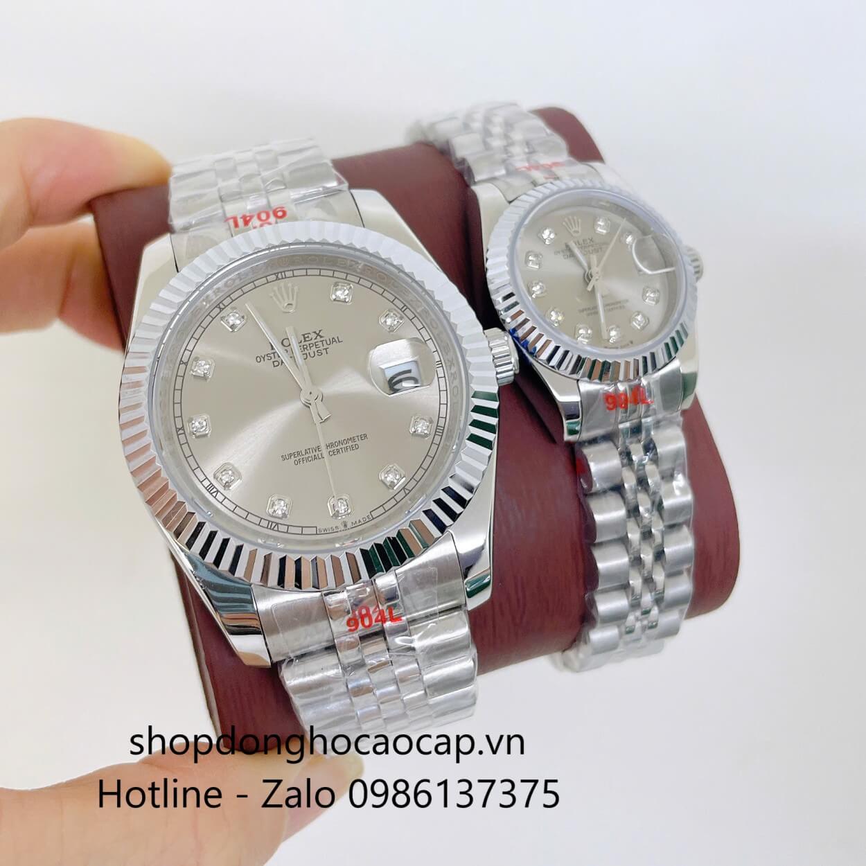 Đồng Hồ Cặp Rolex Datejust Máy Pin Dây Bạc Mặt Xám Niềng Khía Size 41mm - 28mm