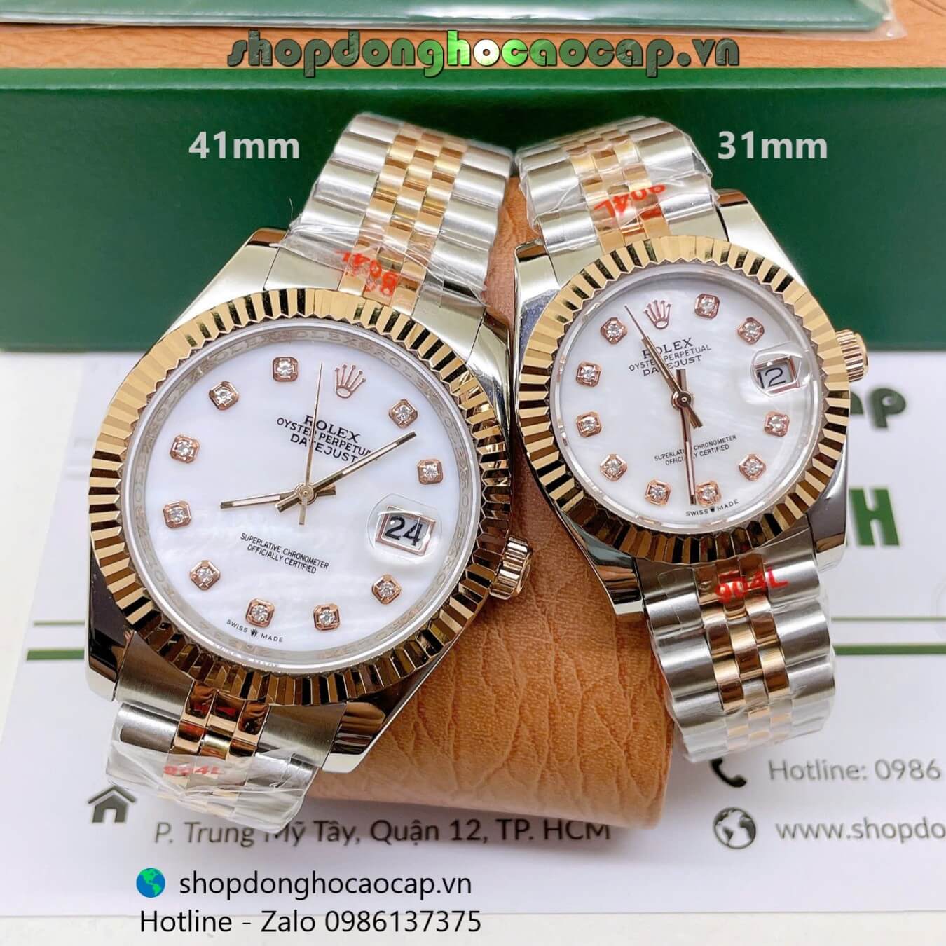 Đồng Hồ Cặp Rolex Datejust Máy Pin Dây Demi Rose Mặt Trắng Xà Cừ Niềng Khía Size 41mm - 31mm