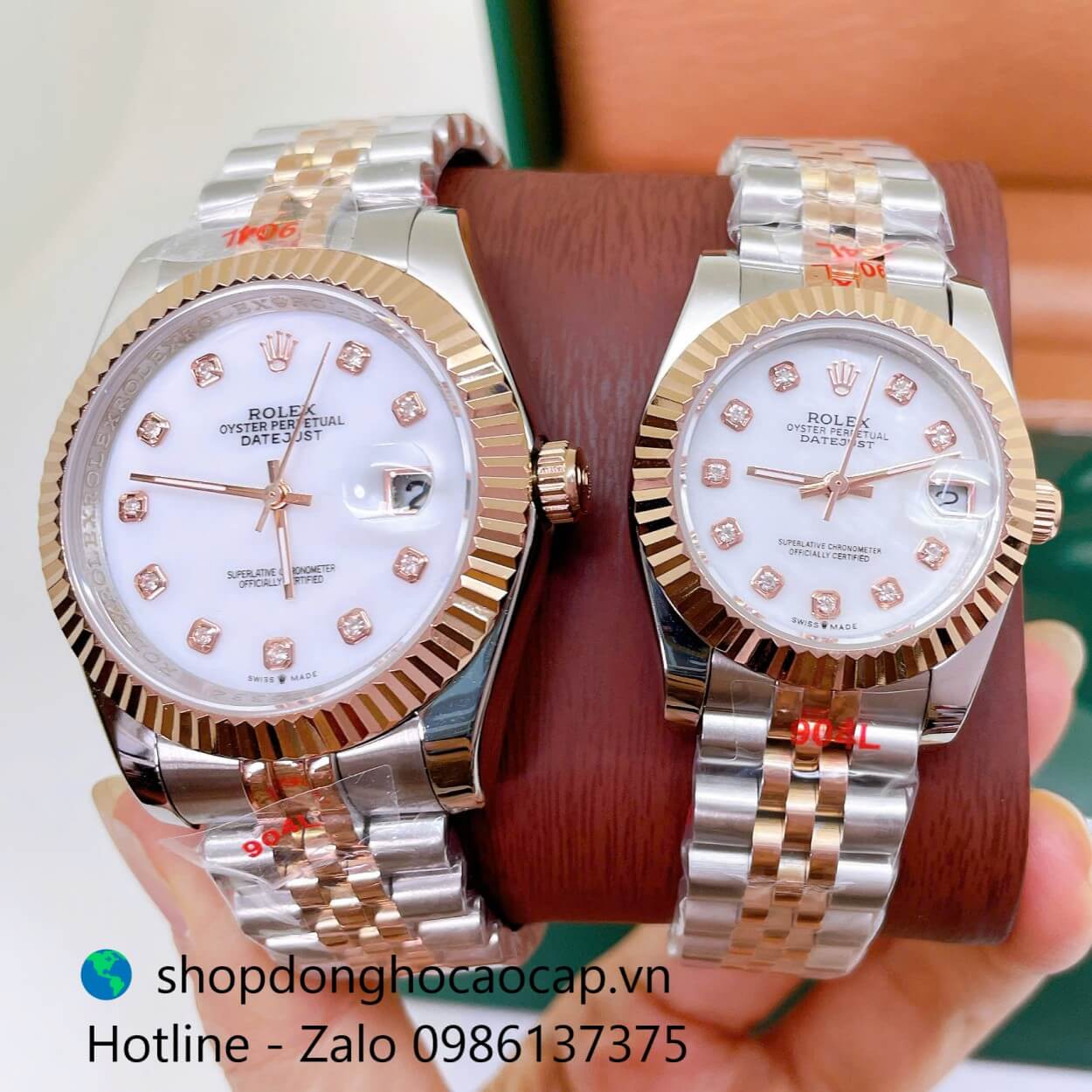 Đồng Hồ Cặp Rolex Datejust Máy Pin Dây Demi Rose Mặt Trắng Xà Cừ Niềng Khía Size 41mm - 31mm