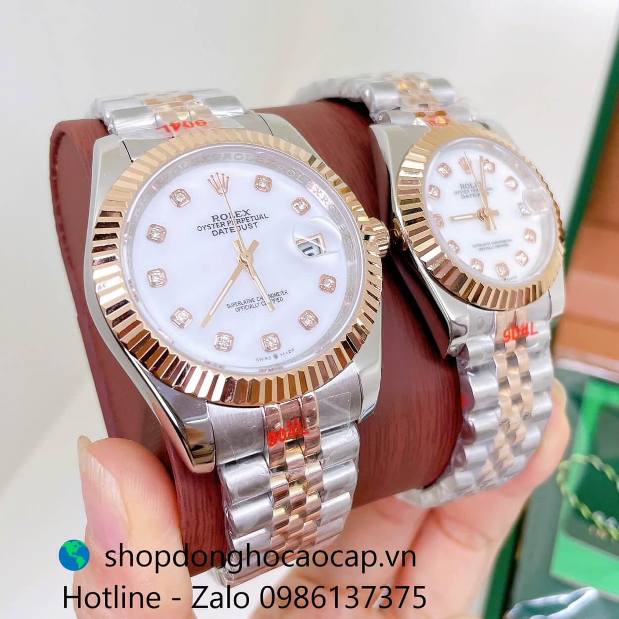 Đồng Hồ Cặp Rolex Datejust Máy Pin Dây Demi Rose Mặt Trắng Xà Cừ Niềng Khía Size 41mm - 31mm