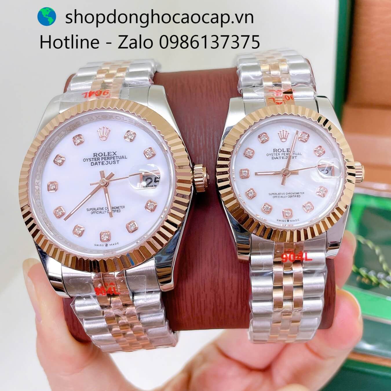 Đồng Hồ Cặp Rolex Datejust Máy Pin Dây Demi Rose Mặt Trắng Xà Cừ Niềng Khía Size 41mm - 31mm