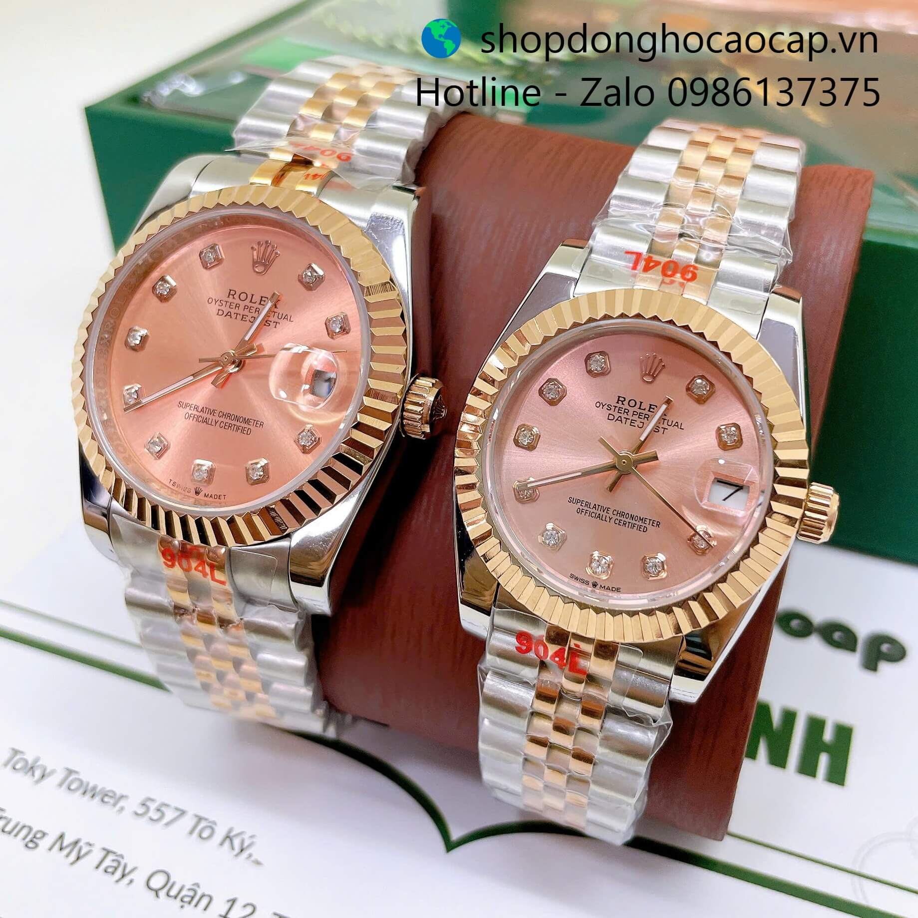 Đồng Hồ Cặp Rolex Datejust Máy Pin Dây Demi Vàng Hồng Niềng Khía Size 36mm - 31mm