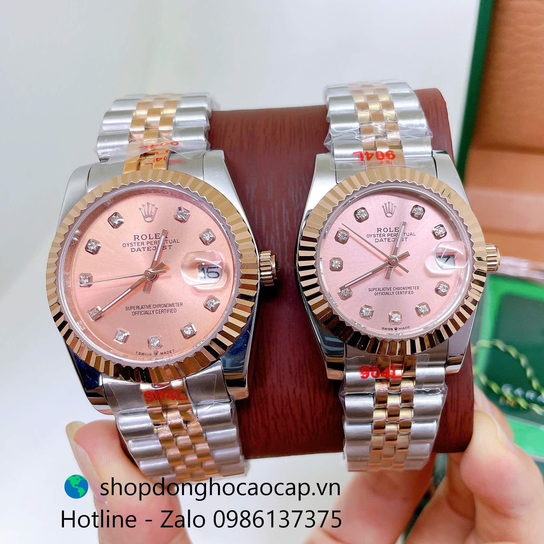 Đồng Hồ Cặp Rolex Datejust Máy Pin Dây Demi Vàng Hồng Niềng Khía Size 36mm - 31mm