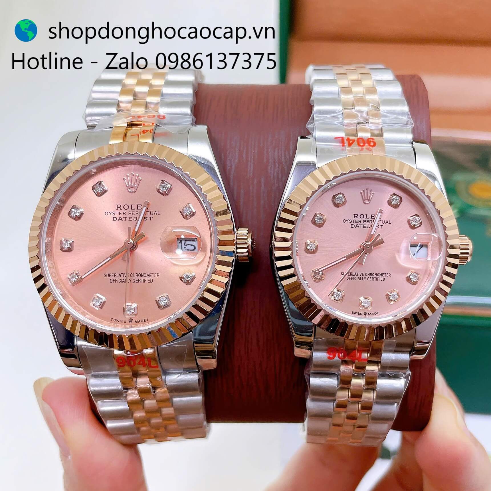 Đồng Hồ Cặp Rolex Datejust Máy Pin Dây Demi Vàng Hồng Niềng Khía Size 36mm - 31mm